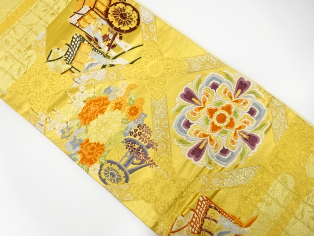 アンティーク　斜め格子に花車・華紋織り出し袋帯（材料）